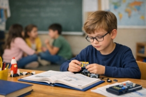A young boy sitting at his desk at school by himself.
