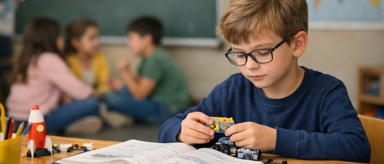 A young boy sitting at his desk at school by himself.